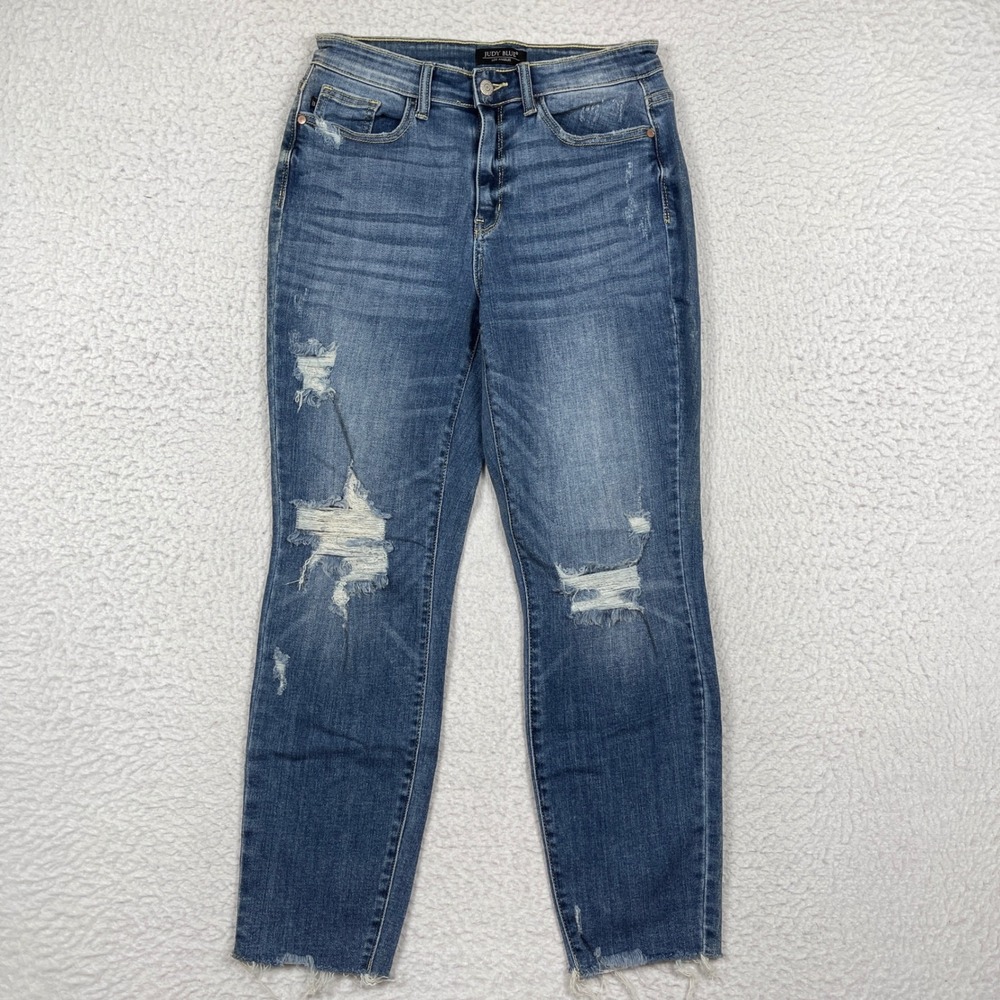 Judy Blue Jeans Womens 5/27 Blue Relaxed Fit Distressed Raw Hem Boho Grunge